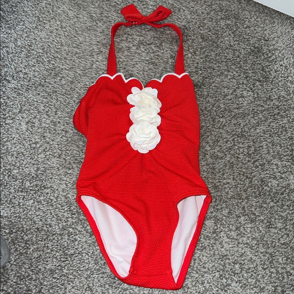 Janie and Jack Red Swimsuit with Floral Accents